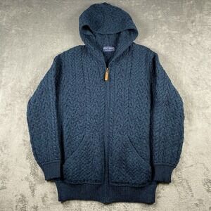 Kent Wang‎ Hoodie Sweater Mens L Blue Merino Wool Cable Knit Speckled Full Zip